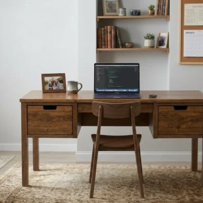 Elegant solid sheesham wood study table for modern homes with spacious wooden tabletop and drawers