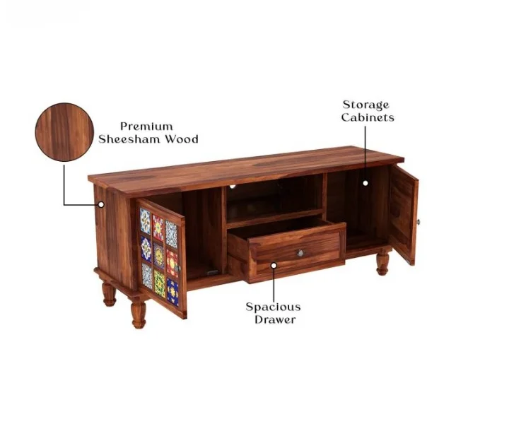 Modern Classic Sheesham Wood TV Cabinet with Open Shelves & Drawers - Image 2