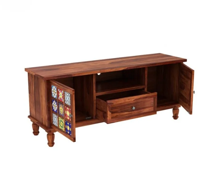 Modern Classic Sheesham Wood TV Cabinet with Open Shelves & Drawers - Image 3