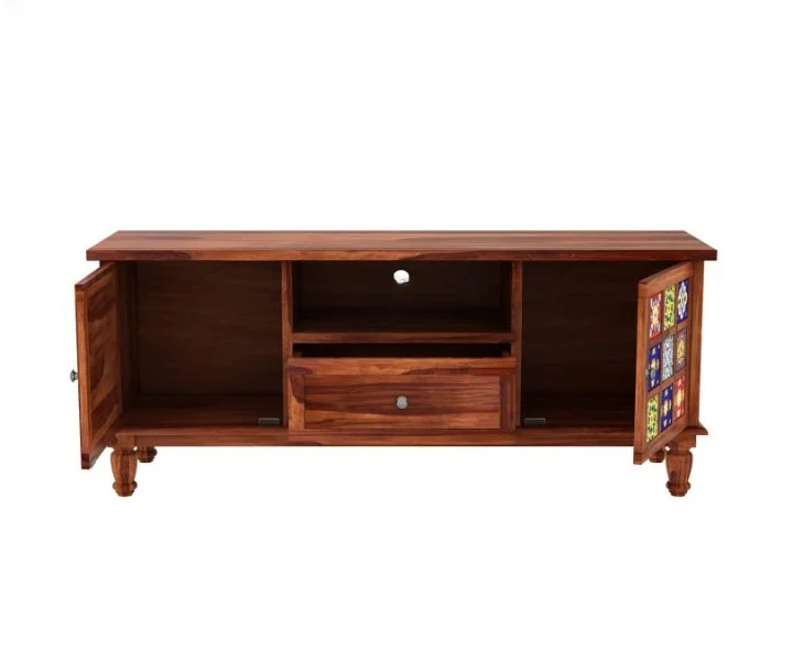 Modern Classic Sheesham Wood TV Cabinet with Open Shelves & Drawers - Image 4