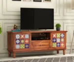 Solid Sheesham wood TV cabinet with open shelves and drawers for modern living room