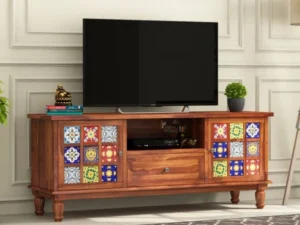 Solid Sheesham wood TV cabinet with open shelves and drawers for modern living room