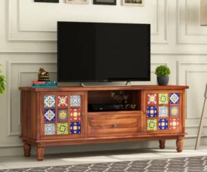 Solid Sheesham wood TV cabinet with open shelves and drawers for modern living room