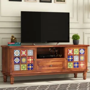 Solid Sheesham wood TV cabinet with open shelves and drawers for modern living room