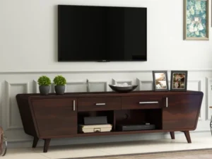 Royal Sheesham modern wooden TV unit with storage cabinets and open shelves