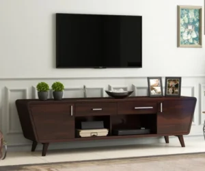 Royal Sheesham modern wooden TV unit with storage cabinets and open shelves