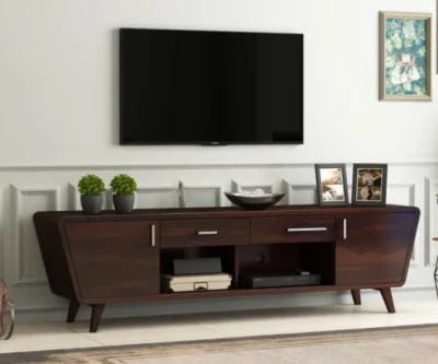 Royal Sheesham modern wooden TV unit with storage cabinets and open shelves