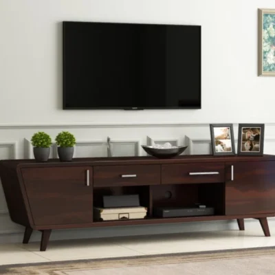 Royal Sheesham modern wooden TV unit with storage cabinets and open shelves