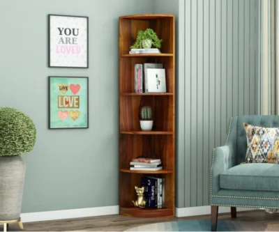 Open style wooden bookshelf by Royal Sheesham with modern design and multiple shelves for books and decorative storage