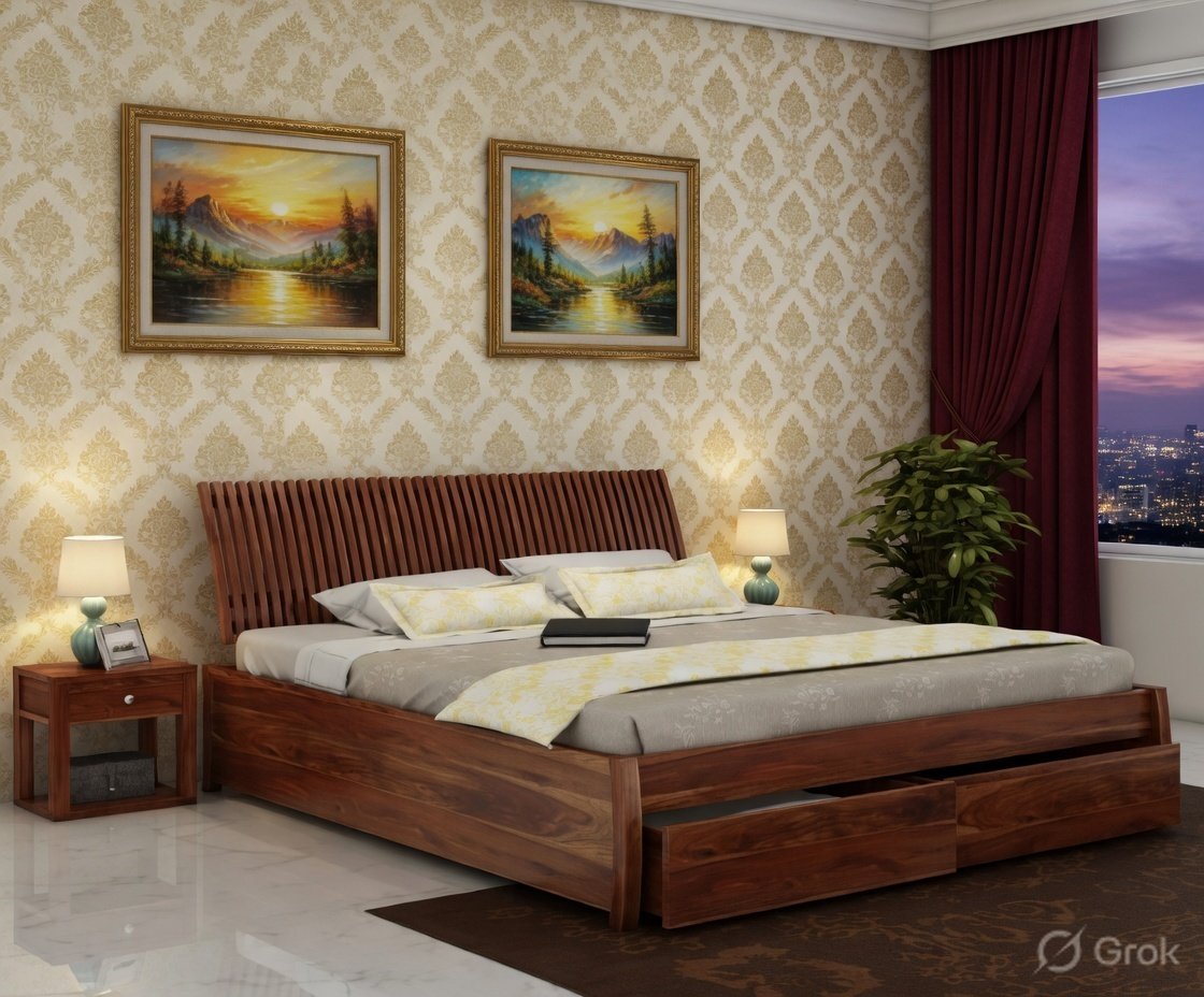 Royal Sheesham Solid Wood Bed with Slatted Headboard and Storage