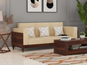 Royal Sheesham Elegant Solid Sheesham Wood Living Room 3 Seater Sofa with Cushion