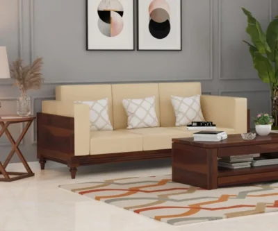 Royal Sheesham Elegant Solid Sheesham Wood Living Room 3 Seater Sofa with Cushion