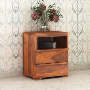 Royal Sheesham bedside table with storage cabinet made from solid sheesham wood for organized bedroom storage and modern home use