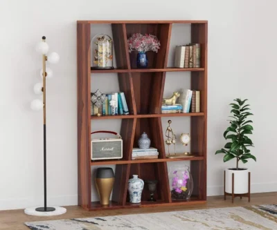 Wooden bookshelf for online shopping by Royal Sheesham with spacious storage shelves for books, decor, and home organization