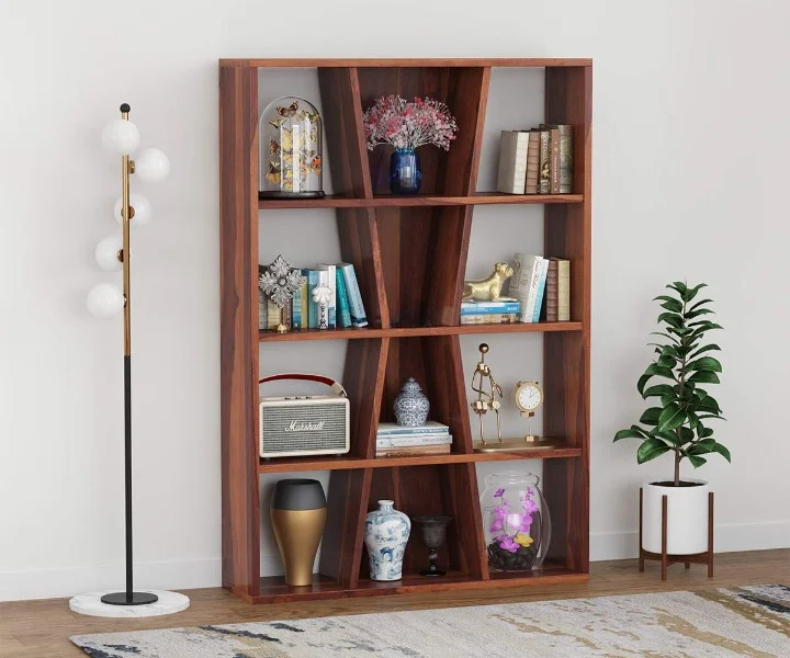 Wooden bookshelf for online shopping by Royal Sheesham with spacious storage shelves for books, decor, and home organization