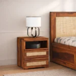 Royal Sheesham bedside table with open shelf design made from solid sheesham wood for easy access bedroom storage