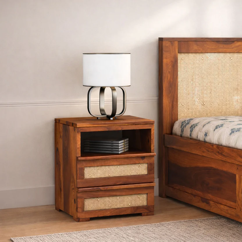 Royal Sheesham bedside table with open shelf design made from solid sheesham wood for easy access bedroom storage