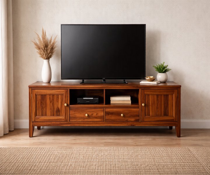 Luxury Solid Sheesham Wood Entertainment TV Unit with Drawers and Cabinets (1) Luxury Solid Sheesham Wood Entertainment TV Unit with Drawers and Cabinets - Image 1