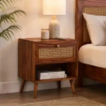 Sheesham Luxe Cane Bedside Table with Storage Shelf