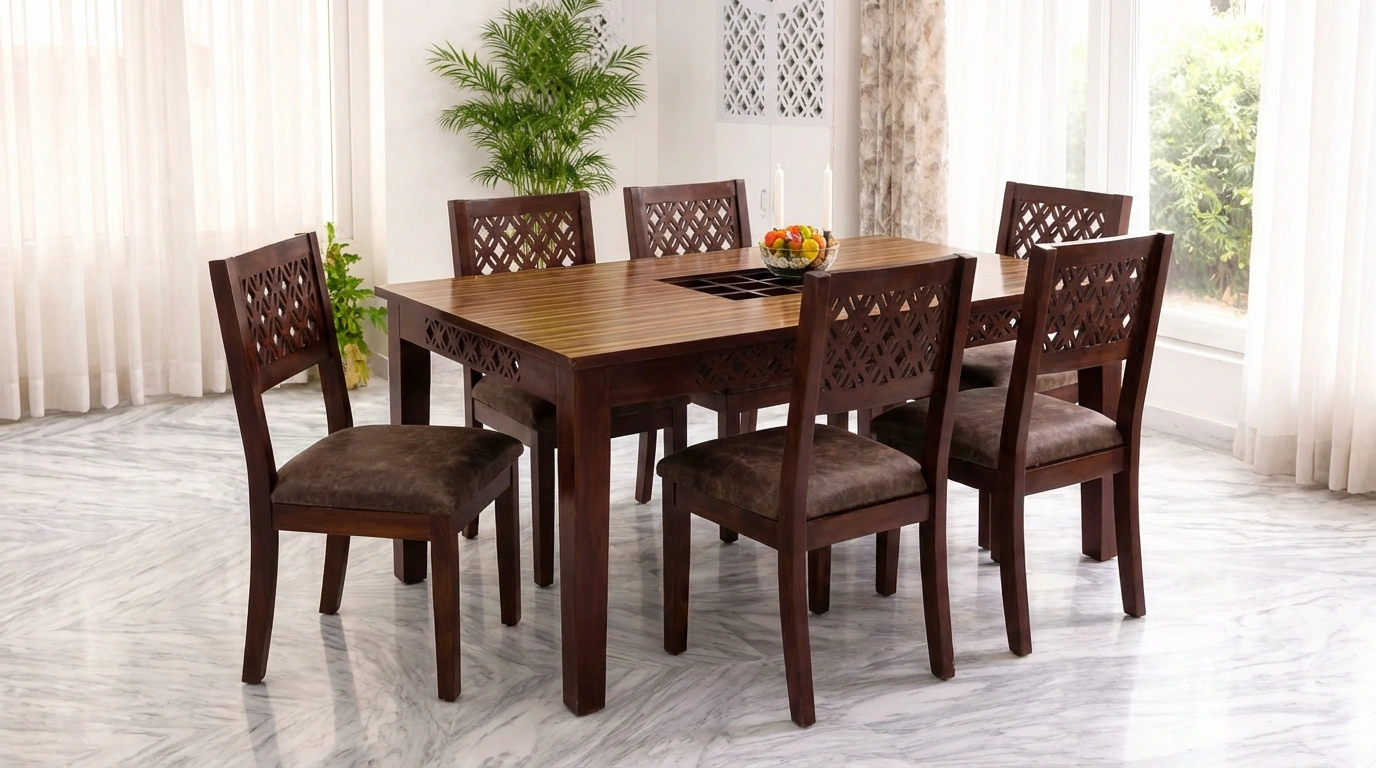 Sheesham Wood 6 Seater Dining Set with Cushioned Chairs - Image 9