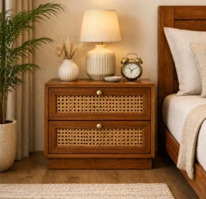 Solid Sheesham Wood Cane Front Bedside Unit