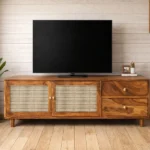Solid Sheesham Wood Cane Panel TV Unit with Brass Knobs and Design