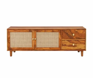 Solid Sheesham Wood Cane Panel TV Unit with Brass Knobs and Design - Image 2