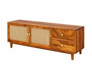 Solid Sheesham Wood Cane Panel TV Unit with Brass Knobs and Design - Image 3