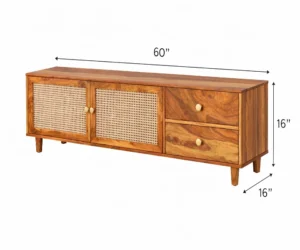 Solid Sheesham Wood Cane Panel TV Unit with Brass Knobs and Design - Image 7