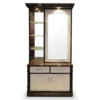 Modern wooden dressing table with mirror, glass shelves and storage drawers - Image 5