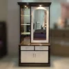 Modern wooden dressing table with mirror, glass shelves and storage drawers