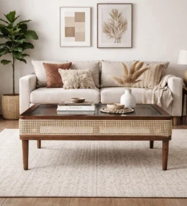 Nain Mango Wood Coffee Table In Tubbaq Finish With Brown Tinted Glass Top