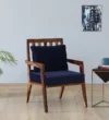 niva Sheesham Wood Armchair In Rustic Teak Finish with Navy Blue Upholstery