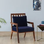 niva Sheesham Wood Armchair In Rustic Teak Finish with Navy Blue Upholstery