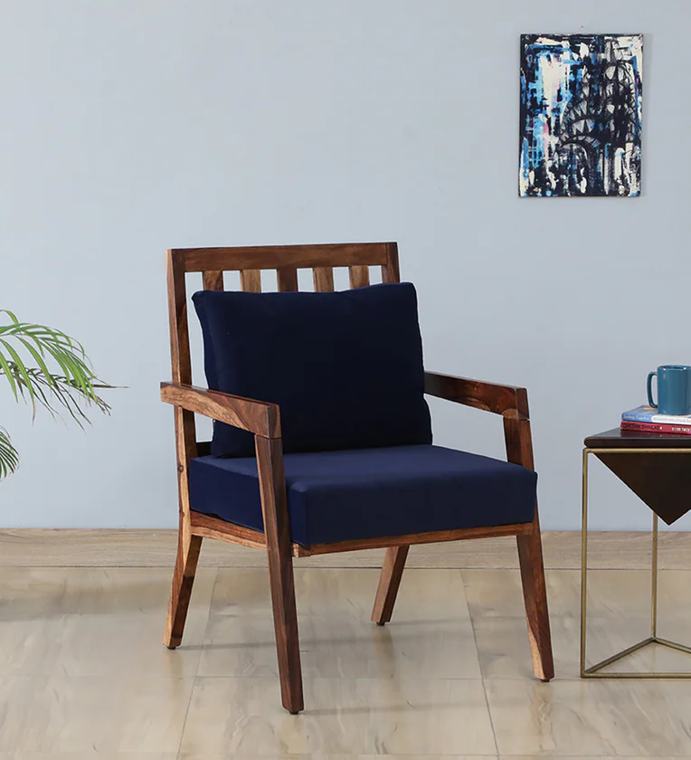 Royal sheesham (9) niva Sheesham Wood Armchair In Rustic Teak Finish with Navy Blue Upholstery - Image 1