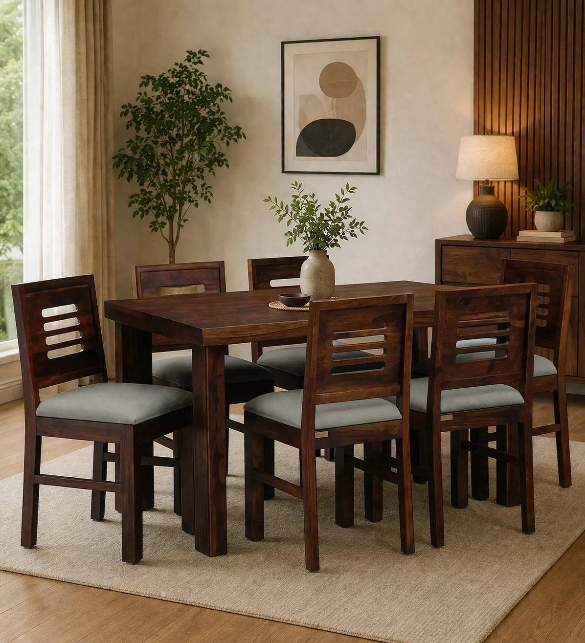 Vedant Wooden 6 Seater Dining Table Set with Cushion Seating (2) Vedant Wooden 6 Seater Dining Table Set with Cushion Seating - Image 1