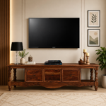 Alveron Solid Wood TV Cabinet with Wide Tabletop and Open Display Shelf