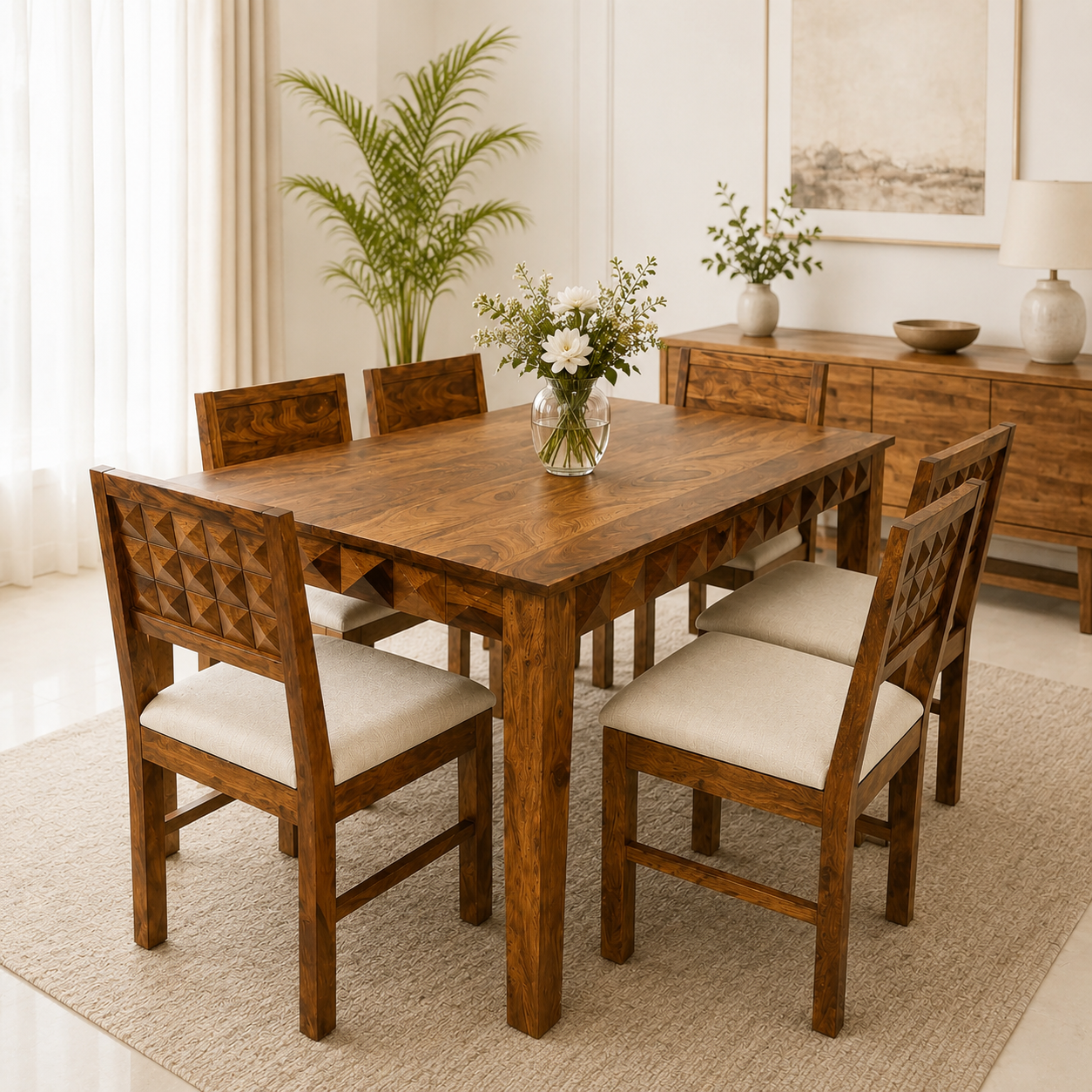 Avencia Handcrafted Solid Sheesham Wood Family Dining Set (1) Avencia Handcrafted Solid Sheesham Wood Family Dining Set - Image 1