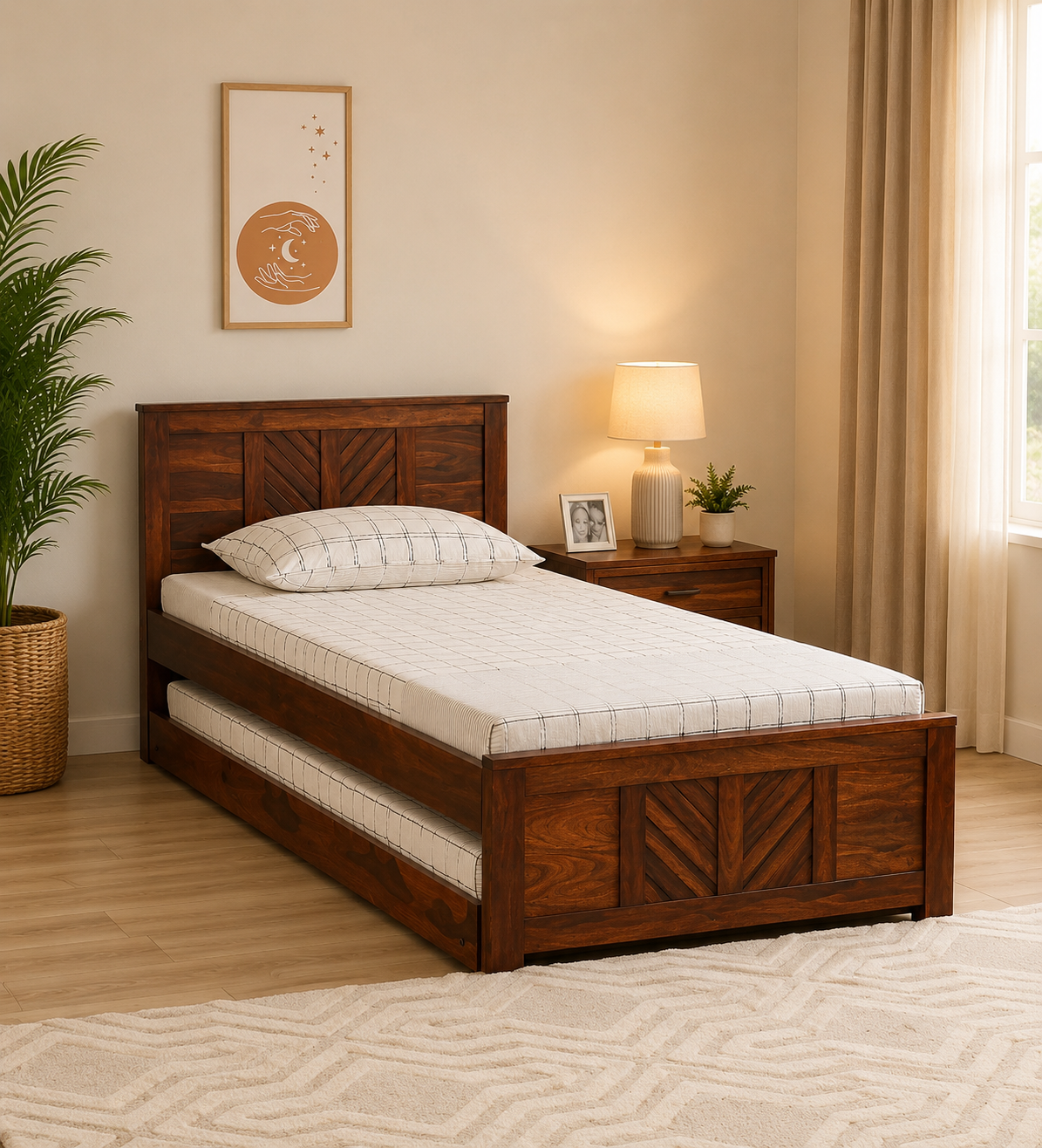 Belnora Solid Wood Single Bed with Elegant Headboard Design in Natural Wood Tone (1) Belnora Solid Wood Single Bed with Elegant Headboard Design in Natural Wood Tone - Image 1