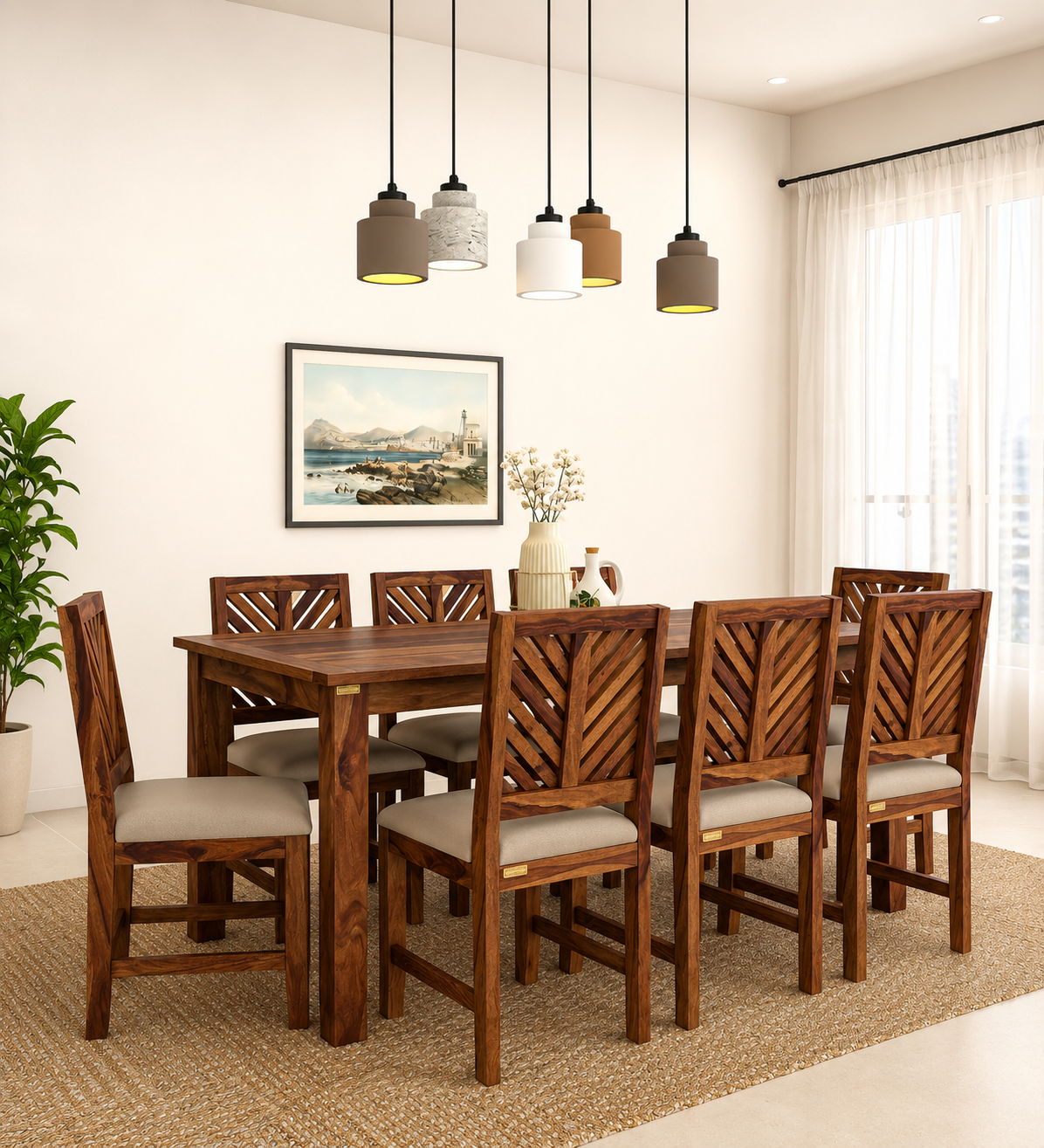 Brinley Solid Sheesham Wood 8 Seater Dining Table with Chair Set (1) Brinley Solid Sheesham Wood 8 Seater Dining Table with Chair Set - Image 1