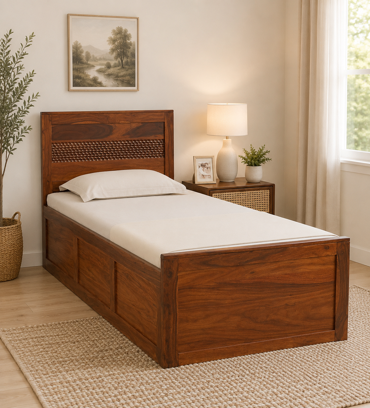 Brivora Solid Wood Single Bed with Contemporary Frame in Natural Wood Shade (1) Brivora Solid Wood Single Bed with Contemporary Frame in Natural Wood Shade - Image 1