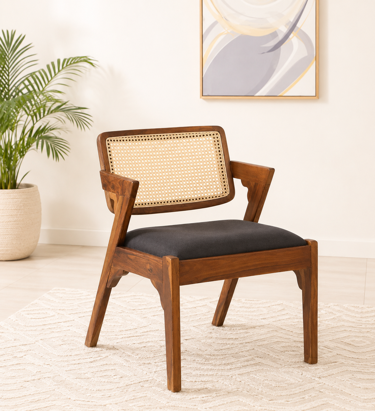 Brookstone Solid Sheesham Wood Designer Dining Chair with Premium Fabric Seat (1) Brookstone Solid Sheesham Wood Designer Dining Chair with Premium Fabric Seat - Image 1