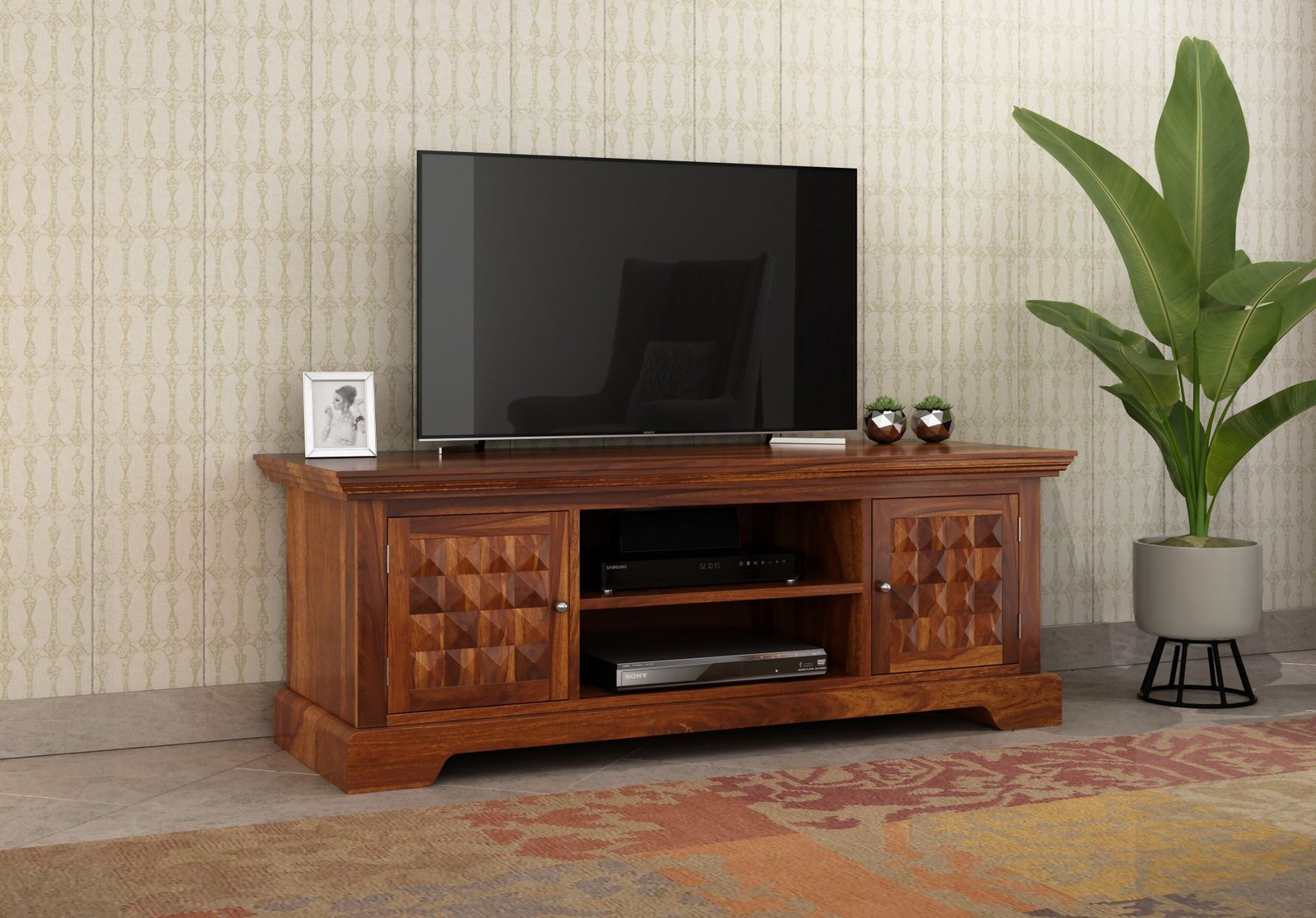 Corviston Premium Sheesham Wood Entertainment Unit in Natural Finish (6) Corviston Premium Sheesham Wood Entertainment Unit in Natural Finish - Image 1
