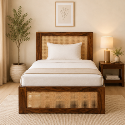 Draveen Solid Wood Single Bed with Elegant Base in Rich Natural Grain