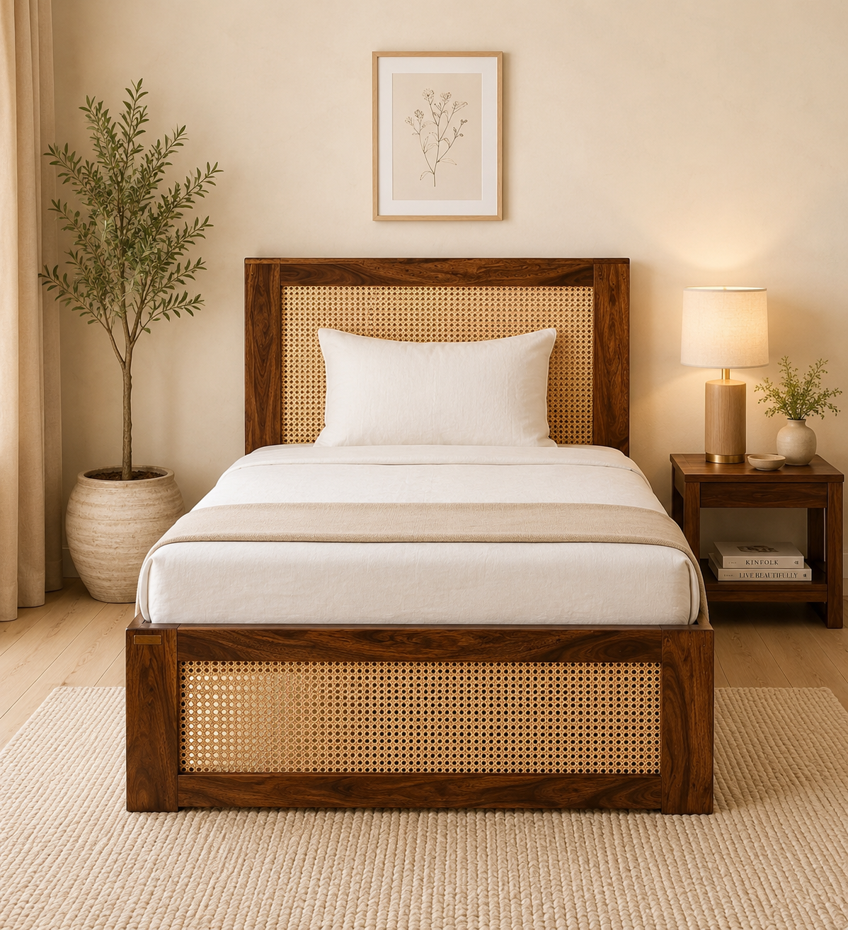 Draveen Solid Wood Single Bed with Elegant Base in Rich Natural Grain (1) Draveen Solid Wood Single Bed with Elegant Base in Rich Natural Grain
