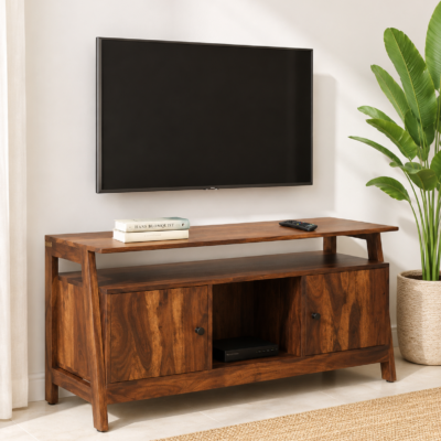 Elviora Premium Solid Wood Entertainment TV Console with Open Display Shelves