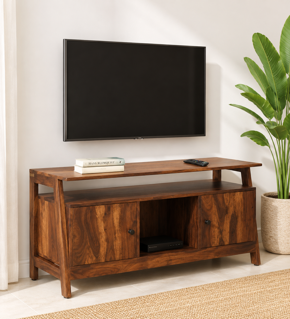 Elviora Premium Solid Wood Entertainment TV Console with Open Display Shelves (1) Elviora Premium Solid Wood Entertainment TV Console with Open Display Shelves - Image 1