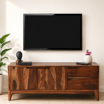 Kelvoria Solid Wood Media Unit with Elegant Display Shelf