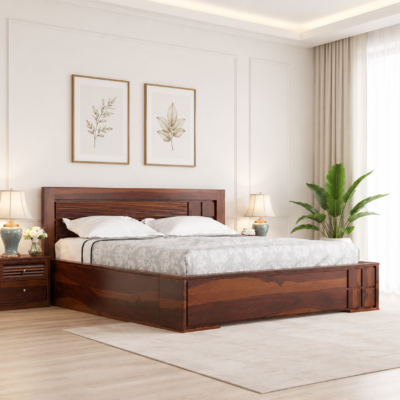 Liora Collection Solid Sheesham Wood Storage Bed with Clean Line Headboard