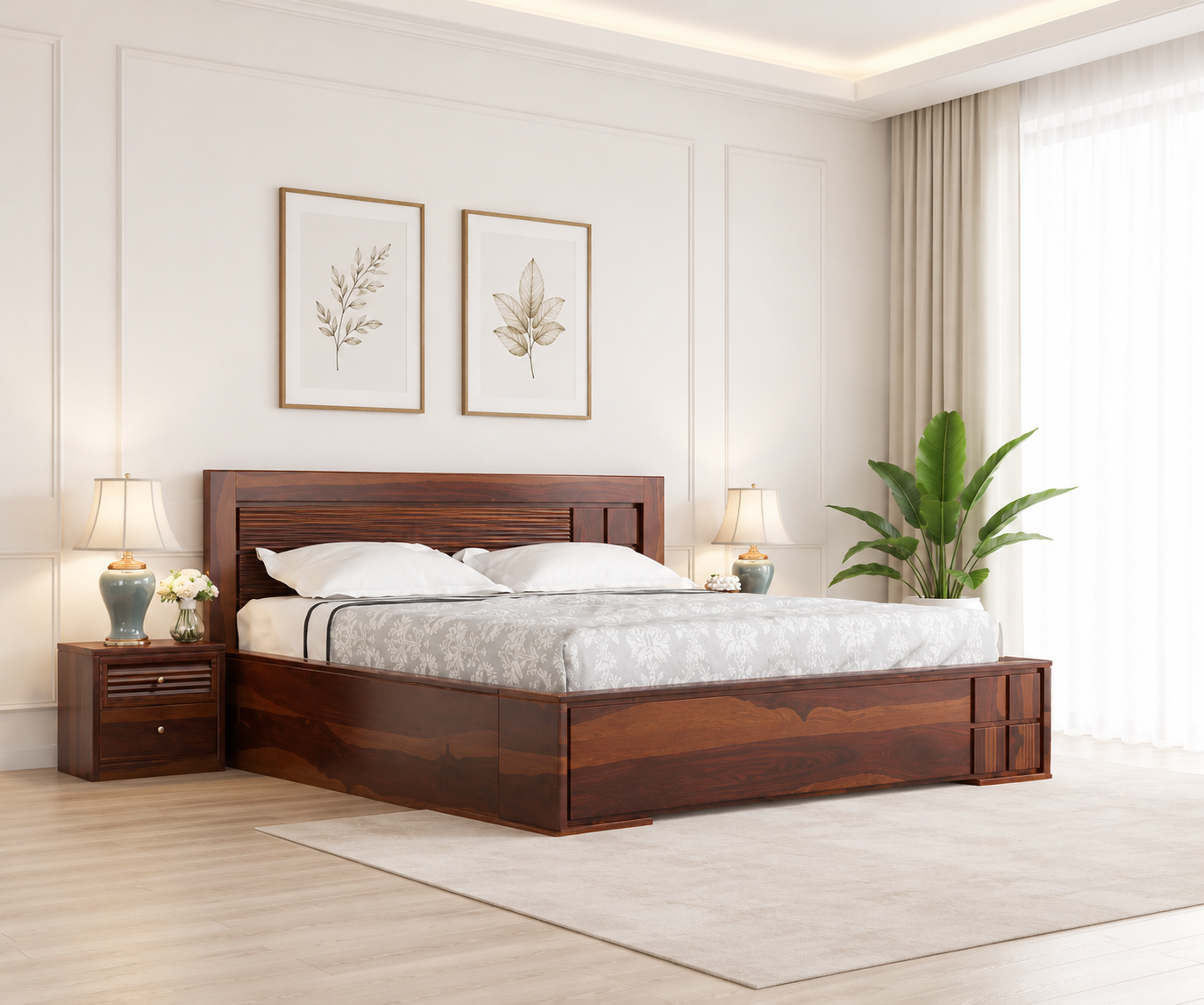 Liora Collection Solid Sheesham Wood Storage Bed with Clean Line Headboard (1) Liora Collection Solid Sheesham Wood Storage Bed with Clean Line Headboard - Image 1